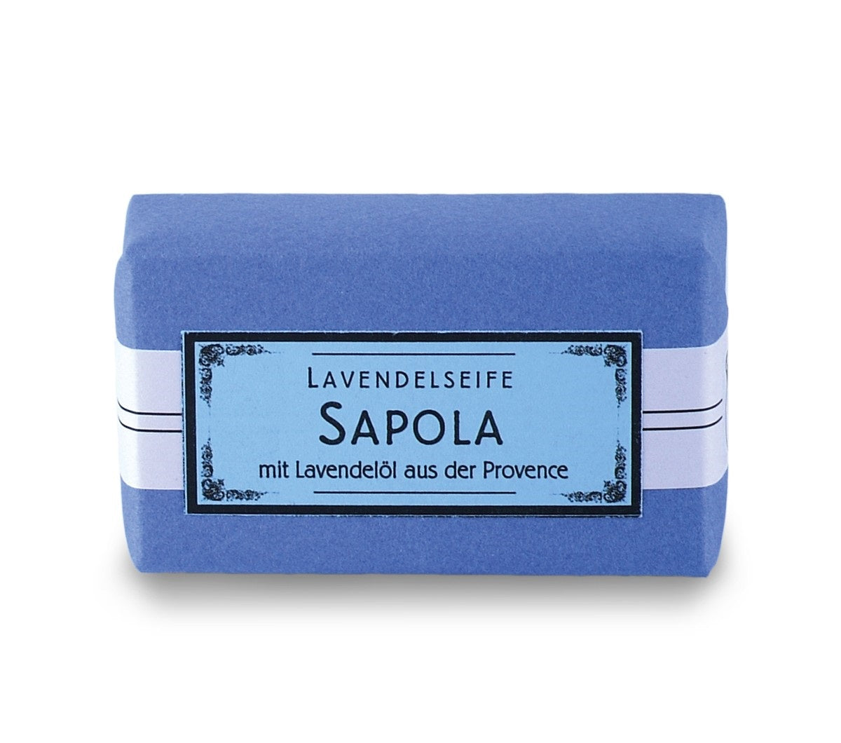 Sapola Lavendelseife – blaue Papierverpackung mit weißem Etikett, weißer Hintergrund – Hautpflege