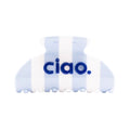 Blue and white striped ciao hair claw clip on white background, hair accessory