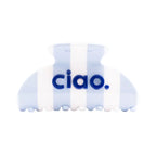 Blue and white striped ciao hair claw clip on white background, hair accessory