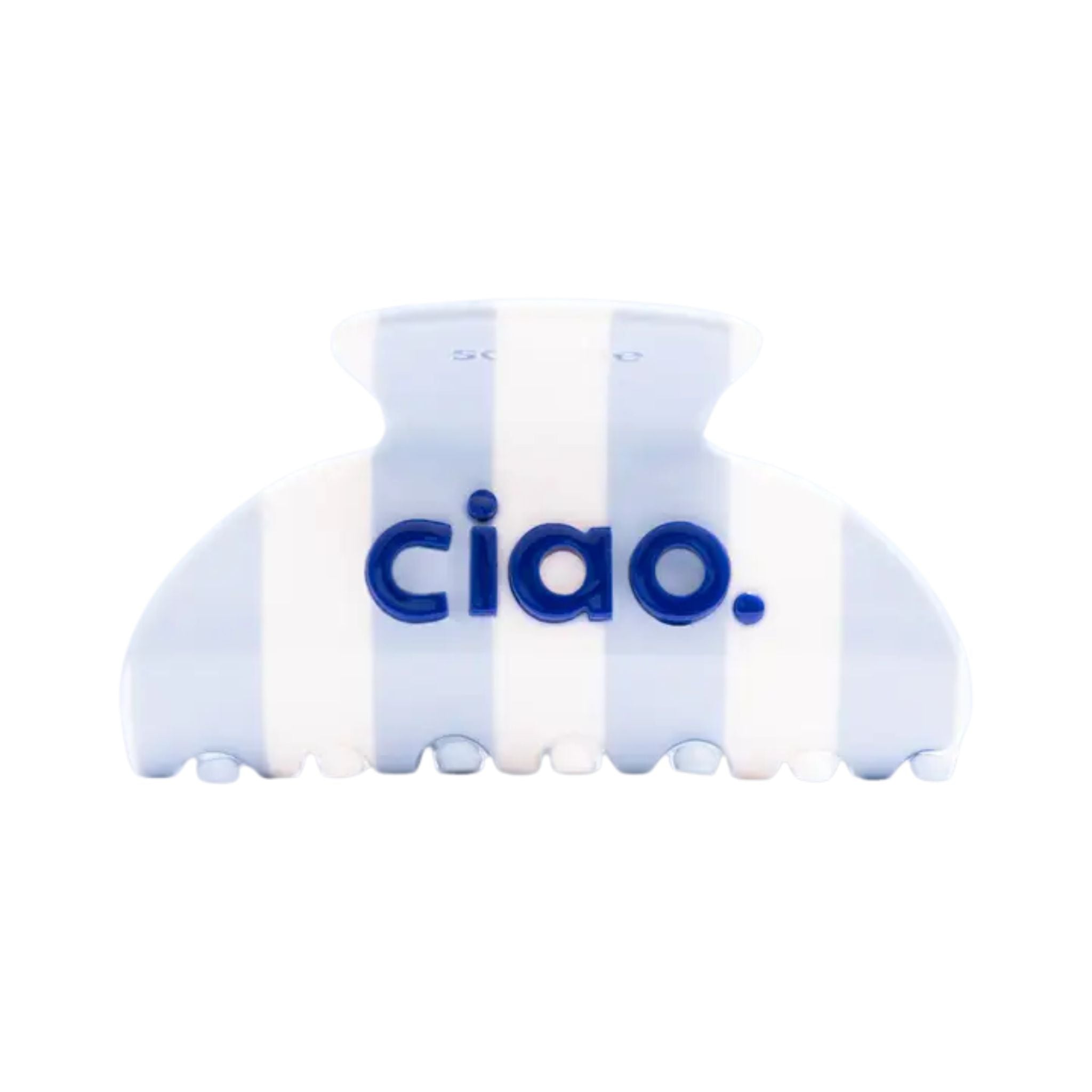 Blue and white striped ciao hair claw clip on white background, hair accessory