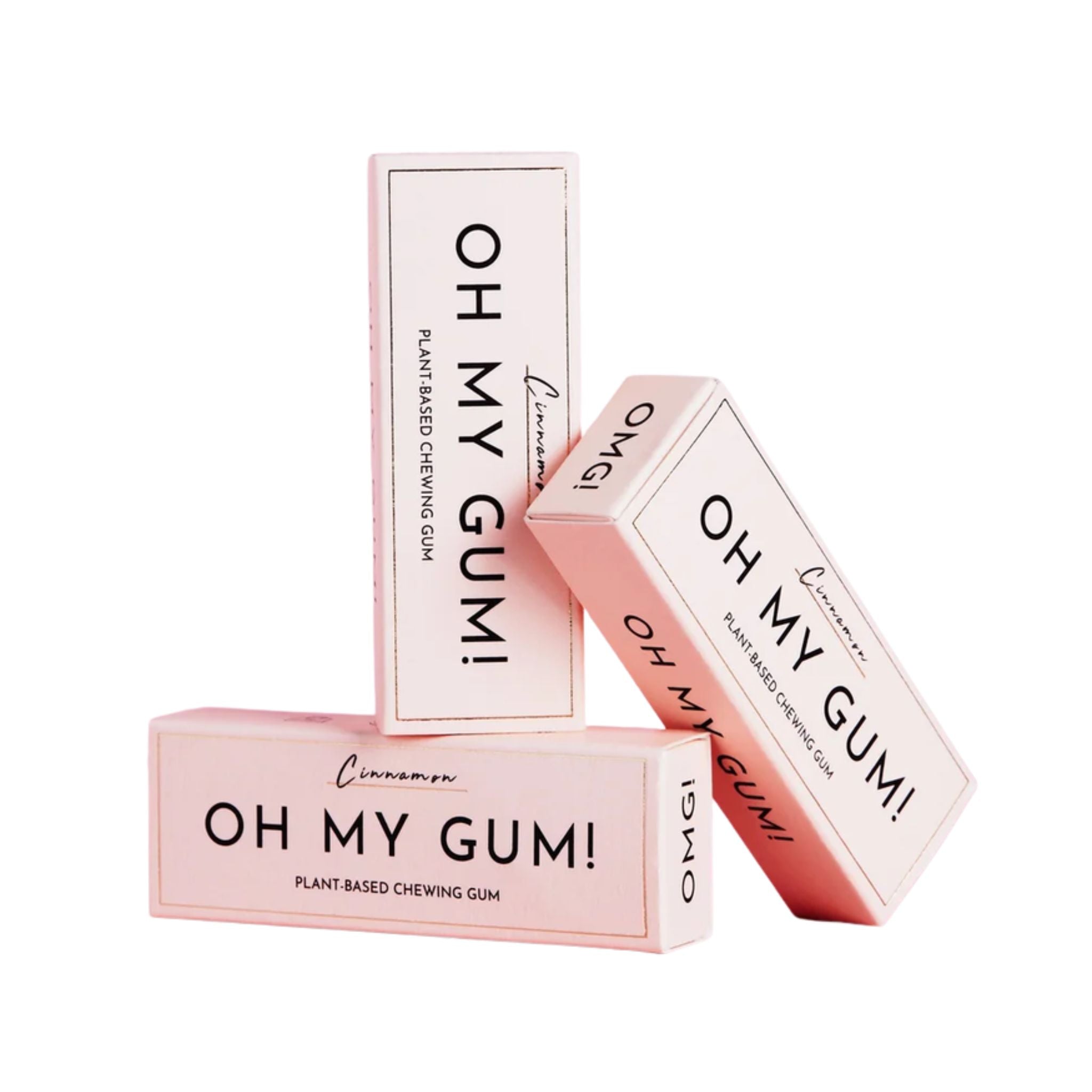 Oh My Gum! Plant Based Chewing Gum Cinnamon in pink boxes on white background, oral care