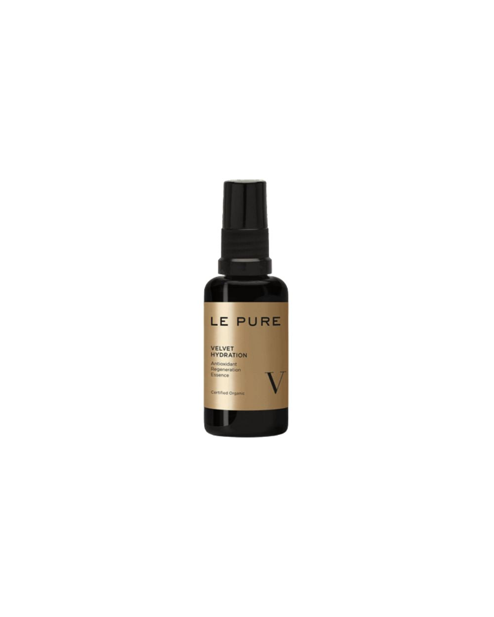 LE PURE Velvet Hydration – schwarze Sprayflasche 30ml, goldene Etikette, weißer Hintergrund – Hautpflege