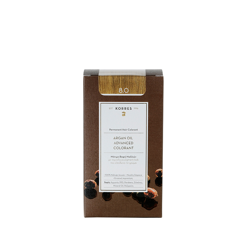 KORRES Argan Oil Advanced Colorant 8.0 Helles Blond – braune Kartonverpackung, weißer Hintergrund – Haarfarbe