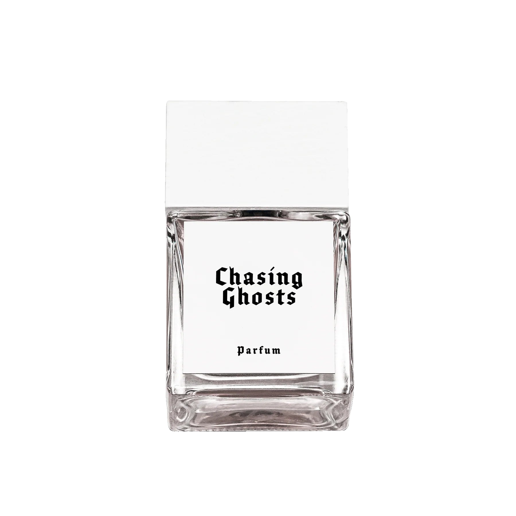 Chasing Ghosts Parfum – clear glass bottle with white label and cap, white background – perfume