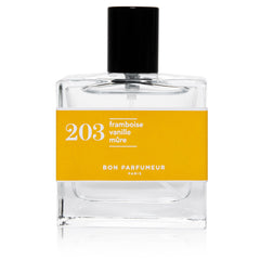 Bon Parfumeur 203: Raspberry Glasflasche mit gelbem Etikett und schwarzem Verschluss auf weißem Hintergrund, Parfüm
