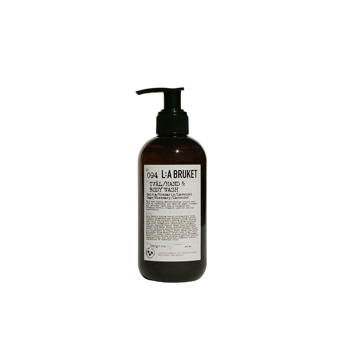 L:A BRUKET No. 094 Tval/Hand & Body Wash – braune Flasche 250ml mit Pumpverschluss, weißem Etikett und weißem Hintergrund – Körperpflege