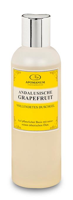Apomanum Andalusische Grapefruit Duschgel – cremefarbene Flasche mit silbernem Deckel, gelbes Etikett, weißer Hintergrund – Hautpflege