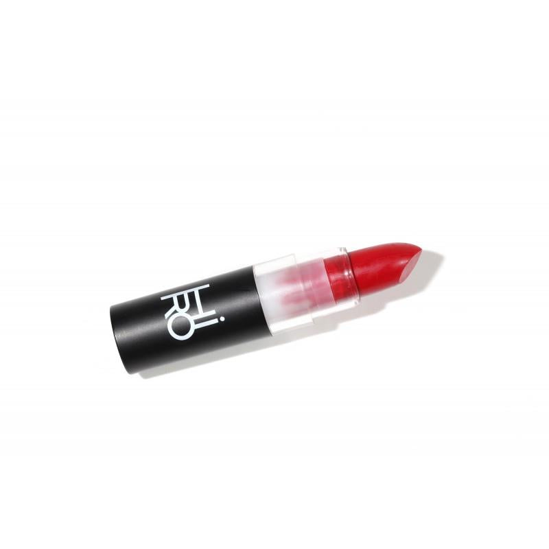 Lipstick Roarrr – schwarzer Lippenstift-Tube mit rotem Stift, transparenter Kappe, weißem Hintergrund – Lippenmakeup