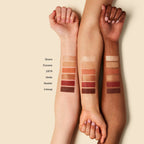 The Necessary Eyeshadow Palette – Swatches auf drei Hauttönen, beige Hintergrund – Augenmake-up