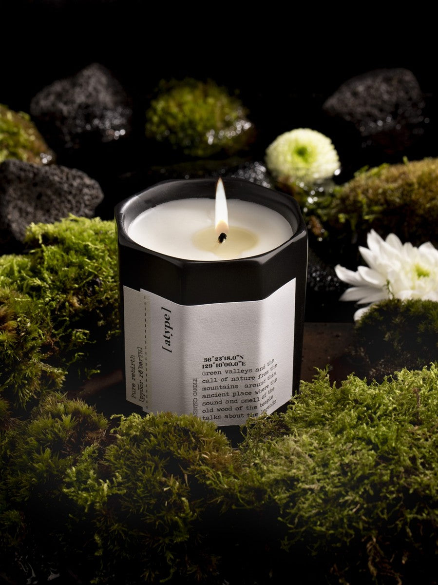 [atype] Duftkerze Pure Rebirth – schwarzer Kerzenbehälter 130g, brennend auf Moos, dunkler Hintergrund – Aromatherapie