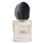 Fascent Milky No Way Eau de Parfum – clear glass bottle with black fabric cap, white background – perfume