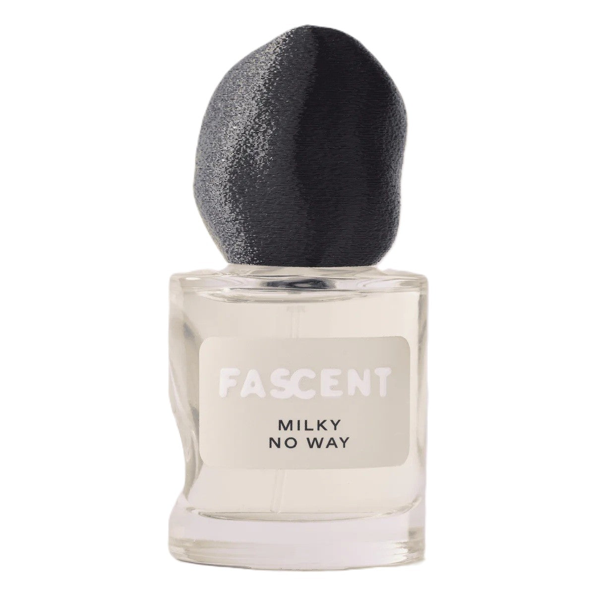 Fascent Milky No Way Eau de Parfum – clear glass bottle with black fabric cap, white background – perfume