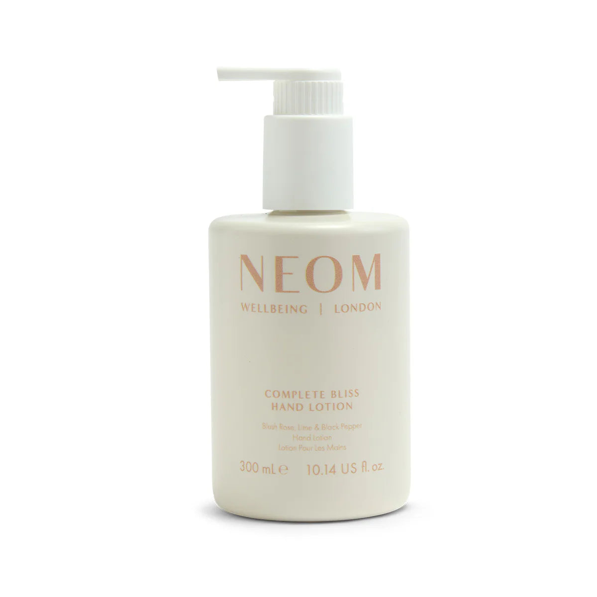 NEOM Complete Bliss Hand Lotion – cream bottle 300ml with pump dispenser, white background – hand care