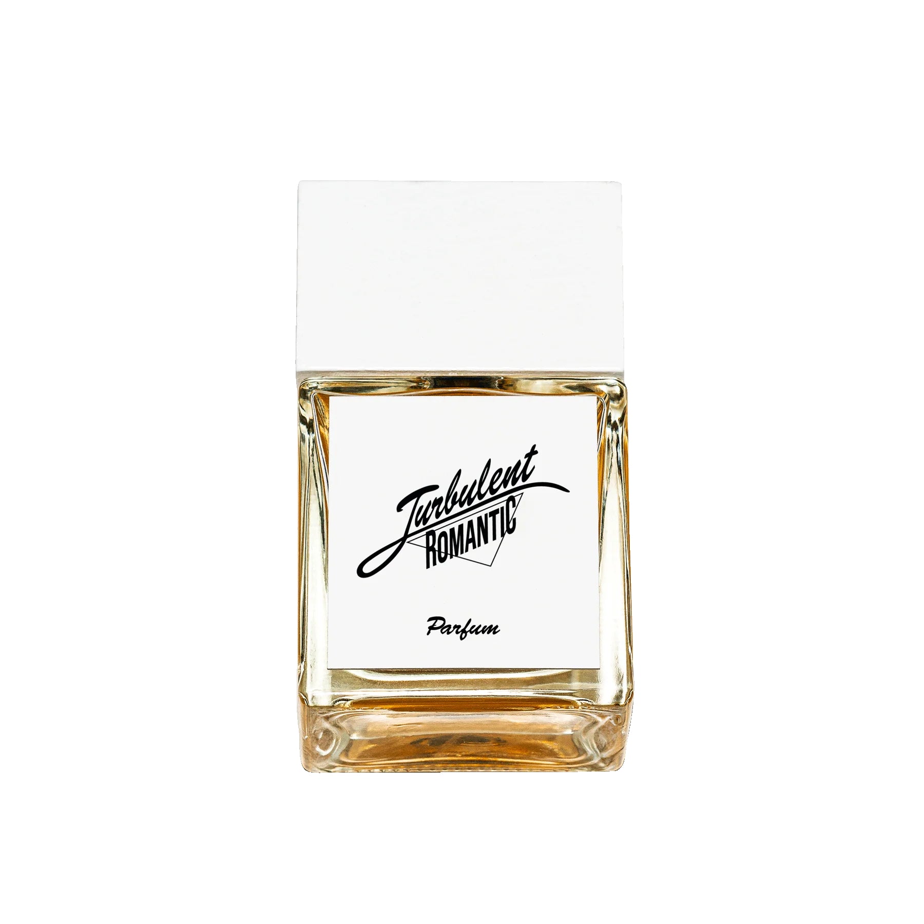Turbulent Romantic Parfum – quadratische Glasflasche mit weißem Deckel, weißem Hintergrund – Parfüm