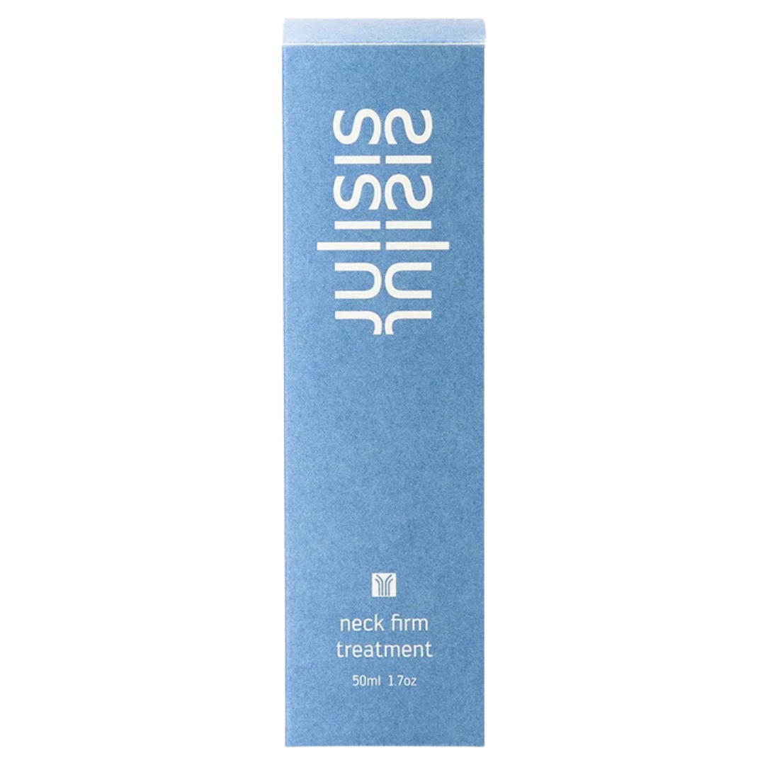 Julisis Neck Firm Treatment – blaue Kartonverpackung 50ml, weißer Hintergrund – Hautpflege