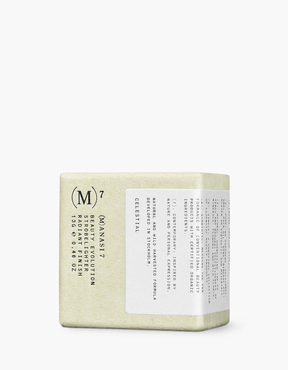 (M)ANAS7 Strobelighter – cremefarbene quadratische Verpackung 13g, weißes Etikett, weißer Hintergrund – Gesichtshighlighter