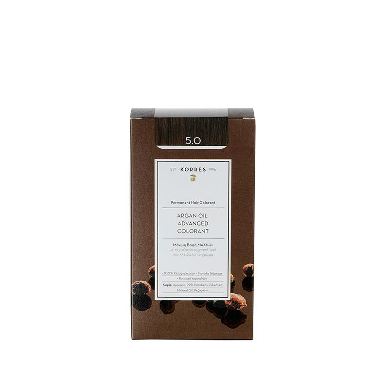 KORRES Argan Oil Permanent Hair Colorant 5.0 – brown cardboard box, white background – hair care