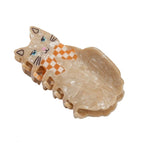 Cat Hair Clip with Bow Large – cream-colored hair clip, orange-white checkered, white background – hair styling
