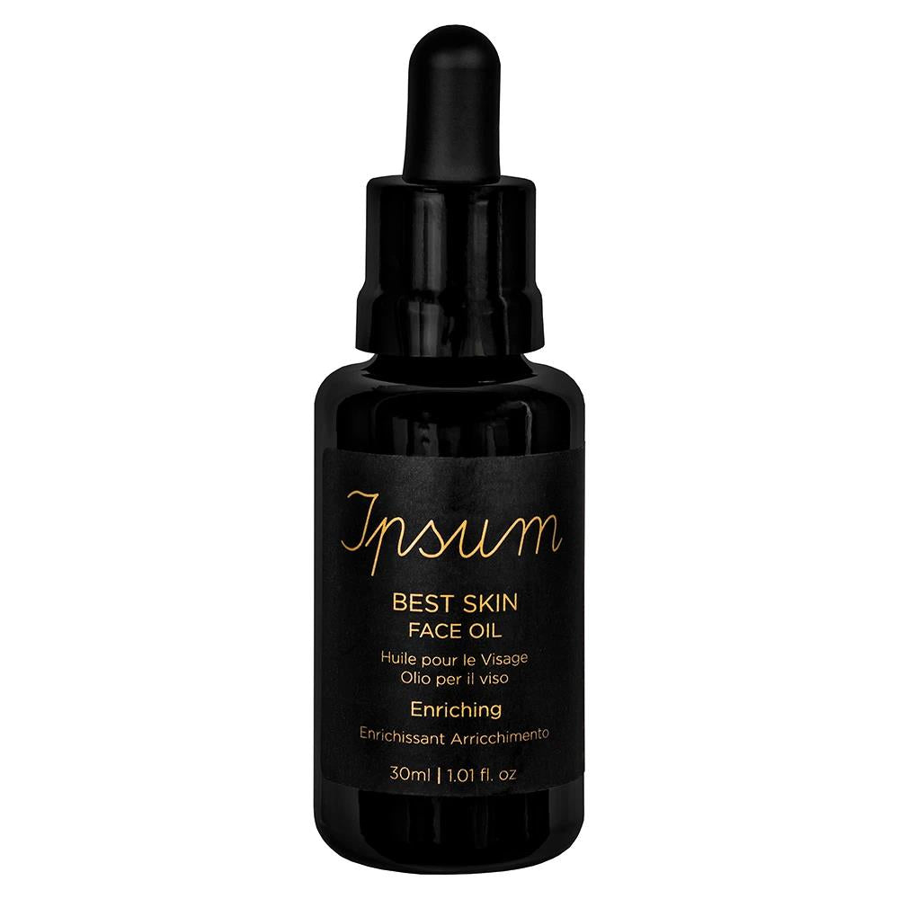 Ipsum Best Skin Face Oil – schwarze Glasflasche 30ml mit Pipettenverschluss, weißer Hintergrund – Hautpflege
