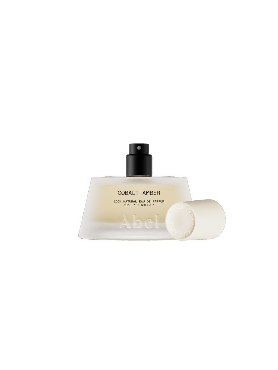 Abel Cobalt Amber Eau de Parfum – 50ml spray bottle, cream cap, white background – perfume