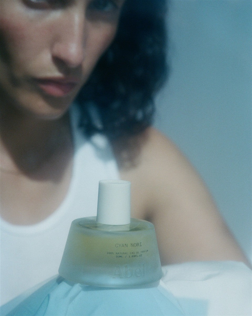 Abel Cyan Nori Mini Perfume – 50ml spray bottle with white cap, blue background – perfume