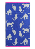 Snow Leopard Organic Cotton Hand Towel – deep blue with white leopards, pink border, white background – bath textiles