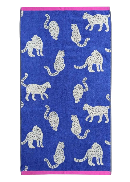 Snow Leopard Organic Cotton Hand Towel – deep blue with white leopards, pink border, white background – bath textiles