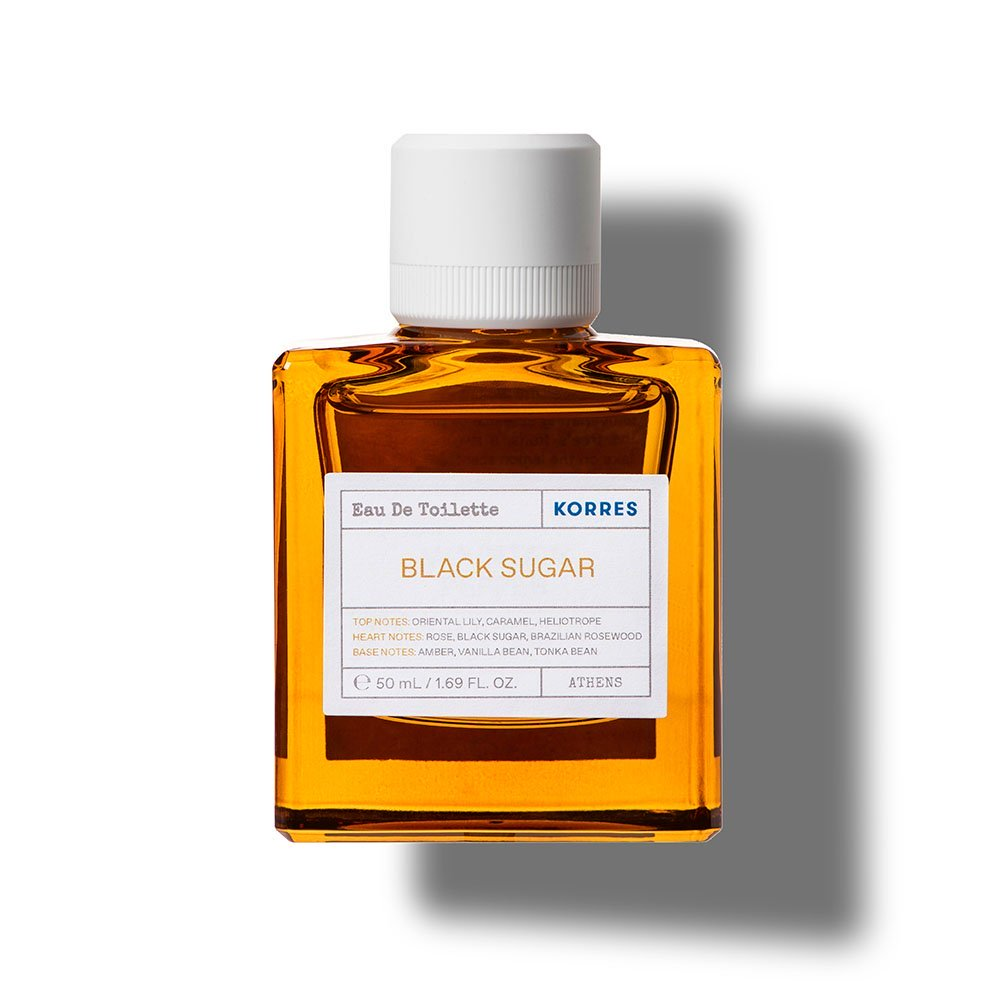KORRES Black Sugar Eau de Toilette – bernsteinfarbene Glasflasche 50ml, weißer Deckel, weißer Hintergrund – Parfüm