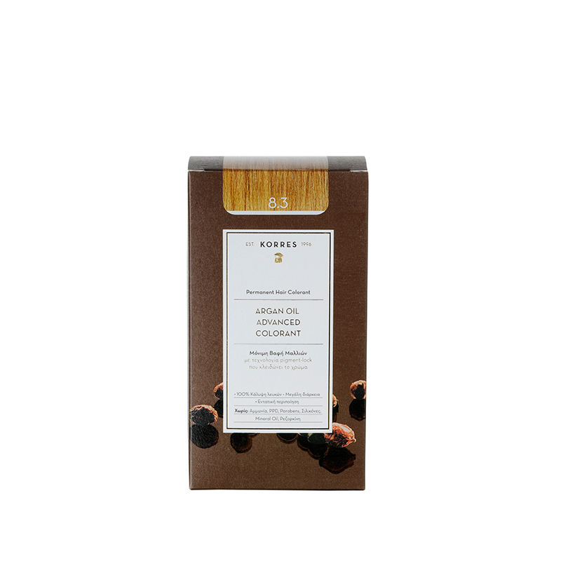 KORRES Arganöl Haarfarbe Golden Honey 8.3 – braune Kartonverpackung, weißer Hintergrund – Haarpflege
