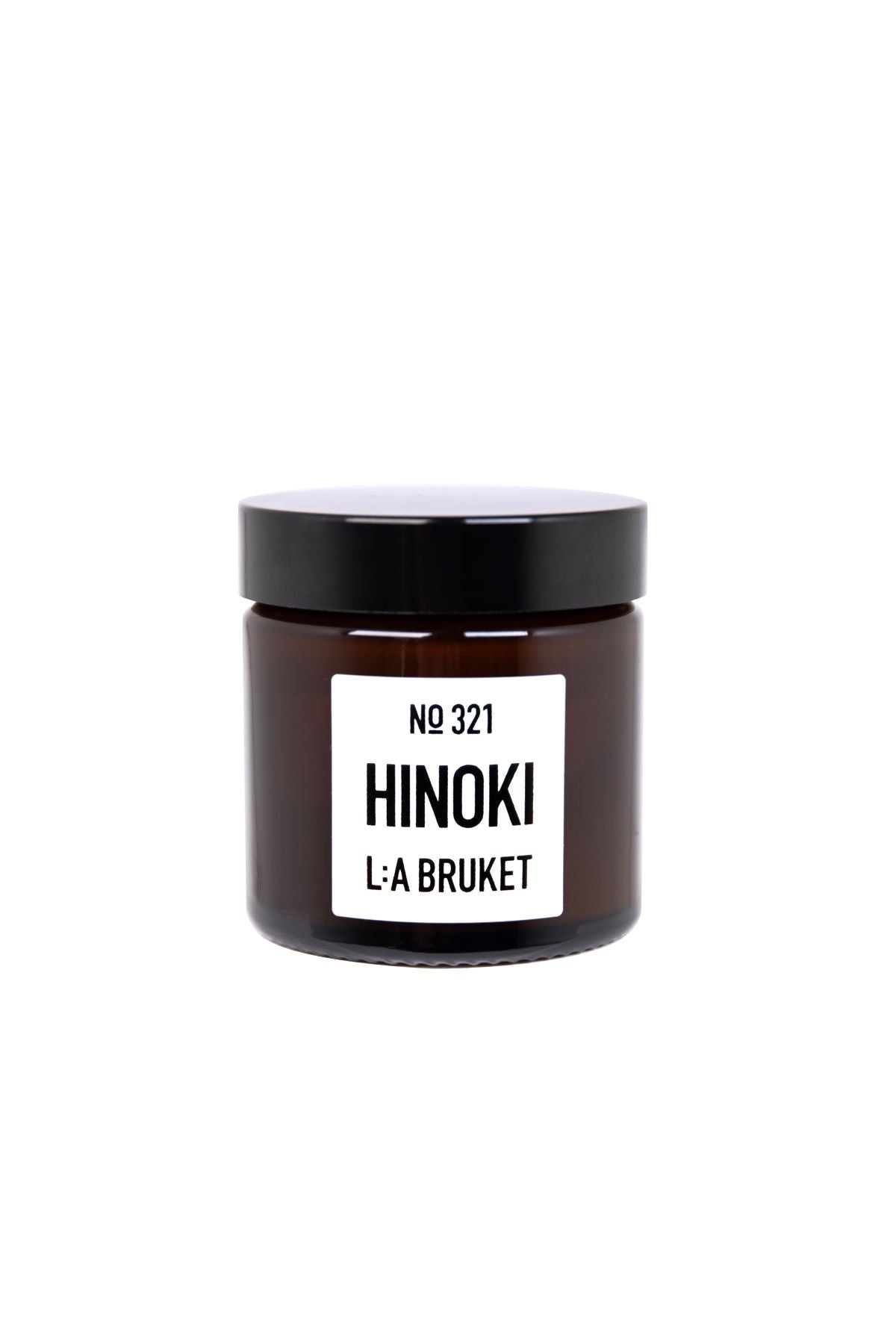 No. 321 Candle Hinoki – braunes Glasgefäß 50g, schwarzer Deckel, weißer Hintergrund – Duftkerze