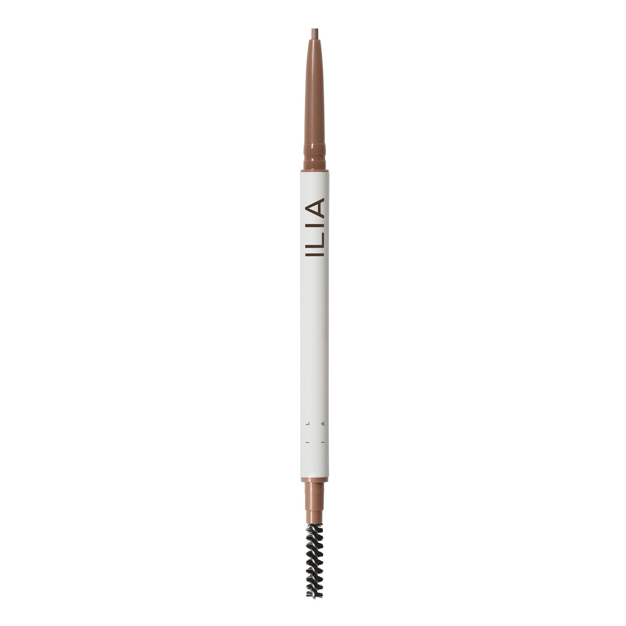 ILIA In Full Mikro-tip Brow Pencil Blond – weißer Stift mit brauner Spitze und Bürste, weißer Hintergrund – Augenbrauenstift