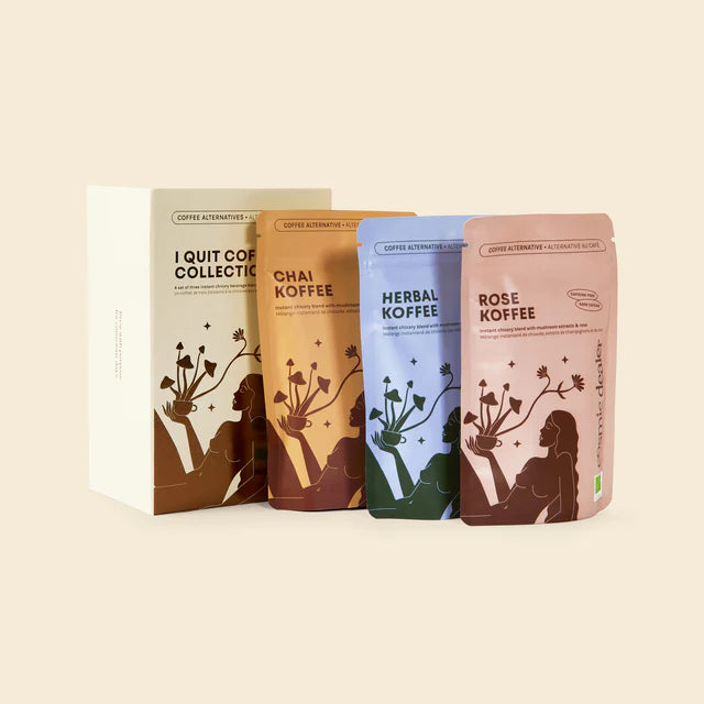 I Quit Coffee Collection – three pouches in orange, blue, pink with plant design, cream background – wellness
