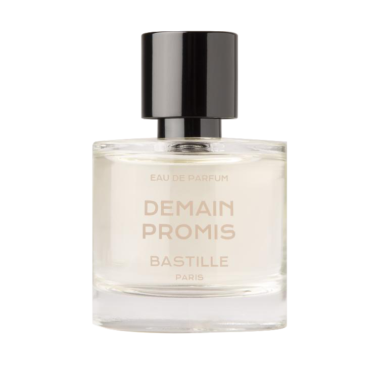 Demain Promis Eau de Parfum – clear glass bottle with black spray cap, white background – perfume