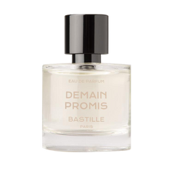 Glass bottle of 'Demain Promis' perfume by Bastille Paris against a black background.