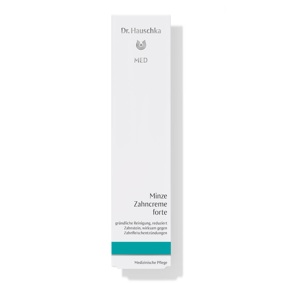 Dr. Hauschka MED Minze Zahncreme forte – weiße Tube mit türkisem Streifen, weißer Hintergrund – Zahnpflege
