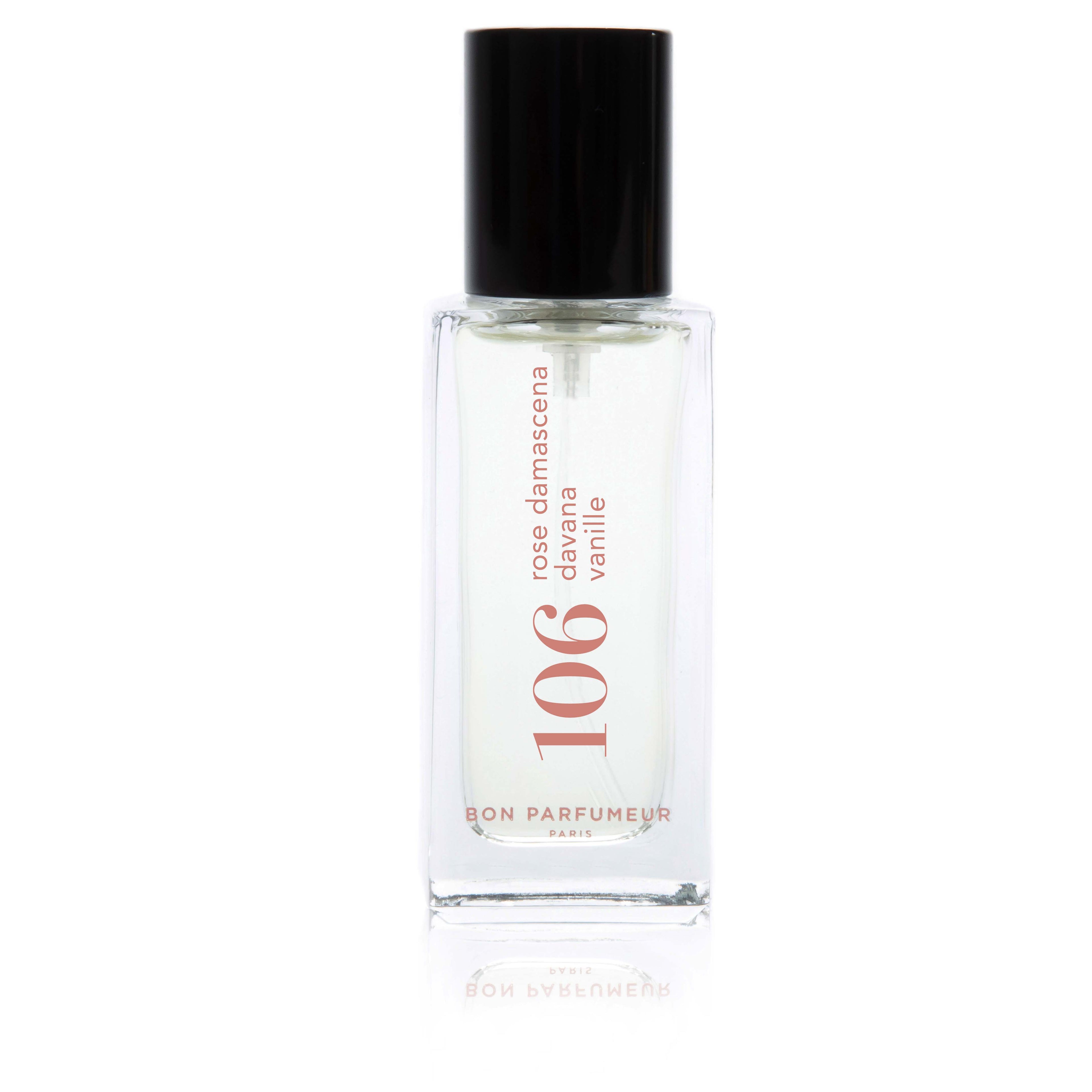 Bon Parfumeur 106 Rose Damascena – klares Glasfläschchen mit schwarzem Sprühkopf, weißem Hintergrund – Parfüm
