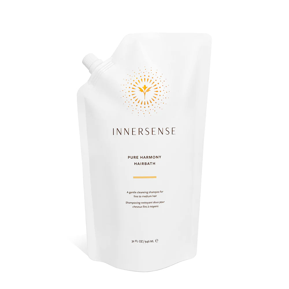 Innersense Pure Harmony Hairbath – weißer Standbeutel 946ml, orangefarbener Logo, weißer Hintergrund – Haarpflege
