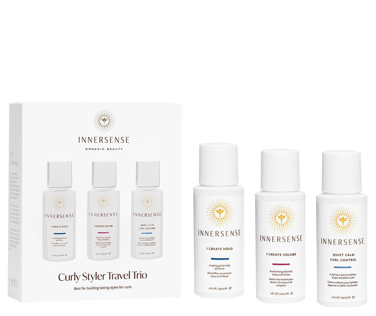 Innersense Curly Styler Travel Trio – drei weiße Flaschen 59ml, weißer Verschluss, weißer Hintergrund – Lockenpflege