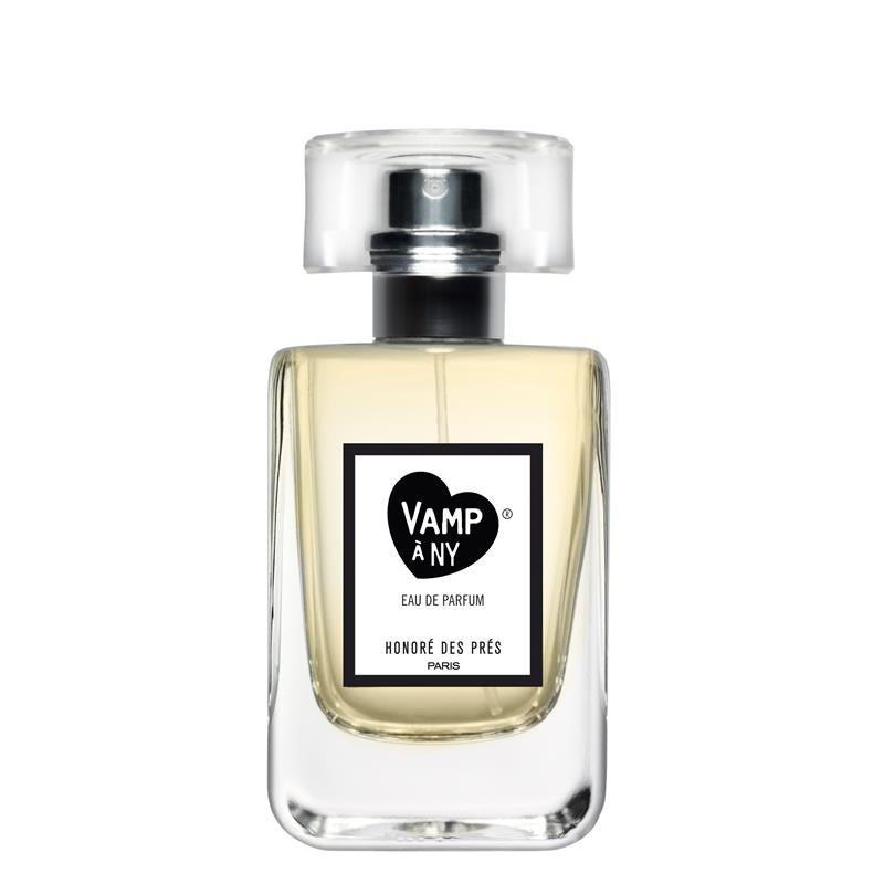 Vamp À Ny Eau de Parfum – klares Glasflakon mit schwarzem Sprühkopf, weißem Etikett und transparentem Deckel – Parfüm