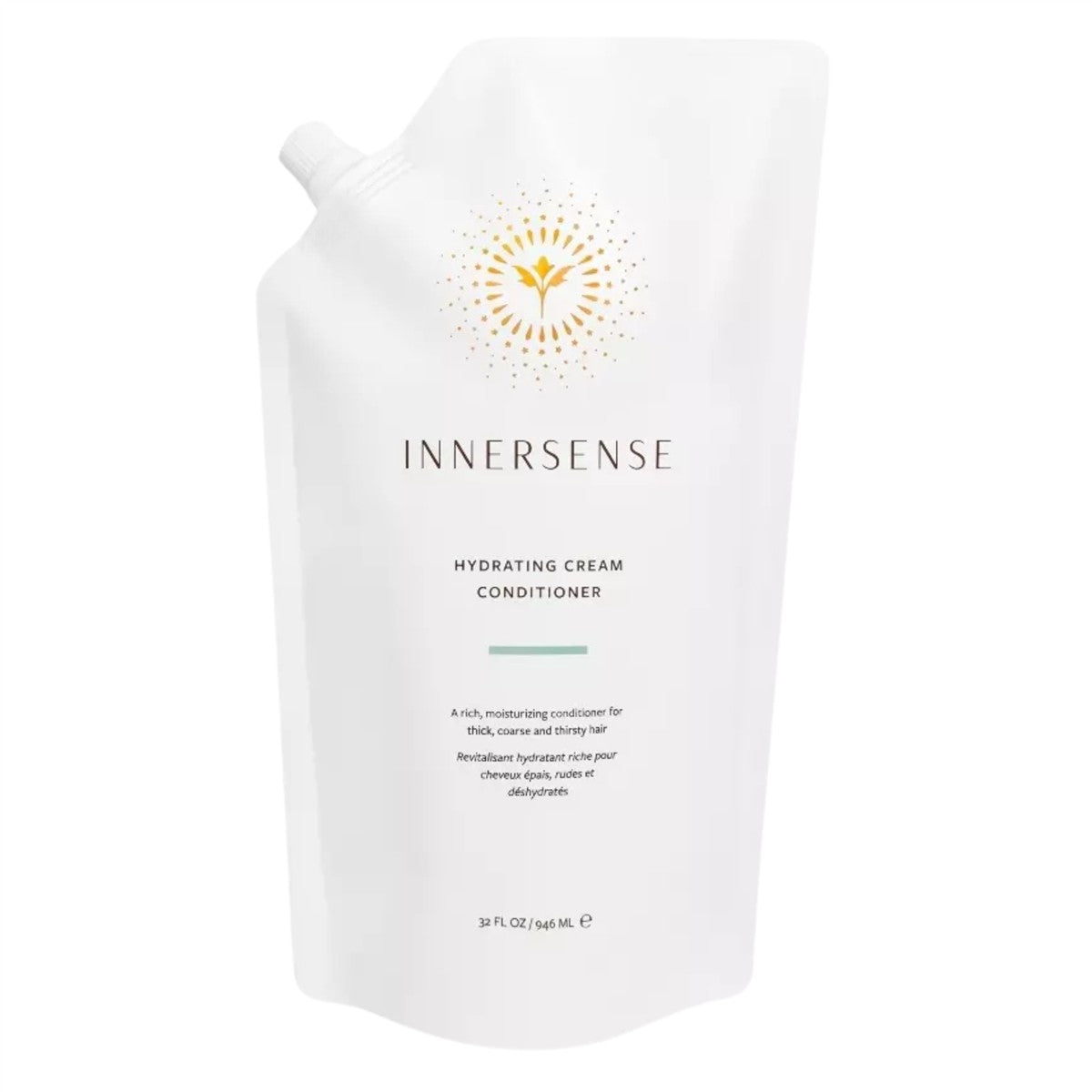 INNERSSENSE Hydrating Cream Conditioner Nachfüllpack – weißes Standbeutel 946ml, weißer Verschluss, weißer Hintergrund – Haarpflege