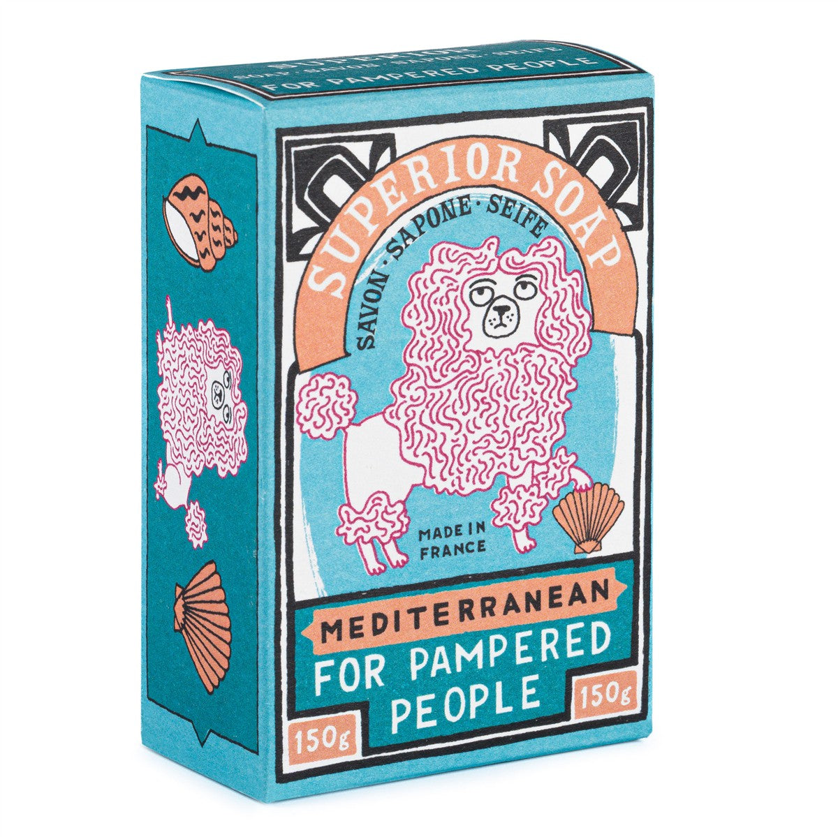 Superior Soap Mediterranees Handseife 150g – türkisfarbene Kartonverpackung mit Pudel-Design, weißer Hintergrund – Hautpflege