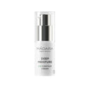 Mádara Deep Moisture Eye Contour Cream in einer weißen Pumpspenderflasche mit silbernem Hals und transparentem Verschluss.