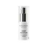Mádara Deep Moisture Eye Contour Cream in einer weißen Pumpspenderflasche mit silbernem Hals und transparentem Verschluss.