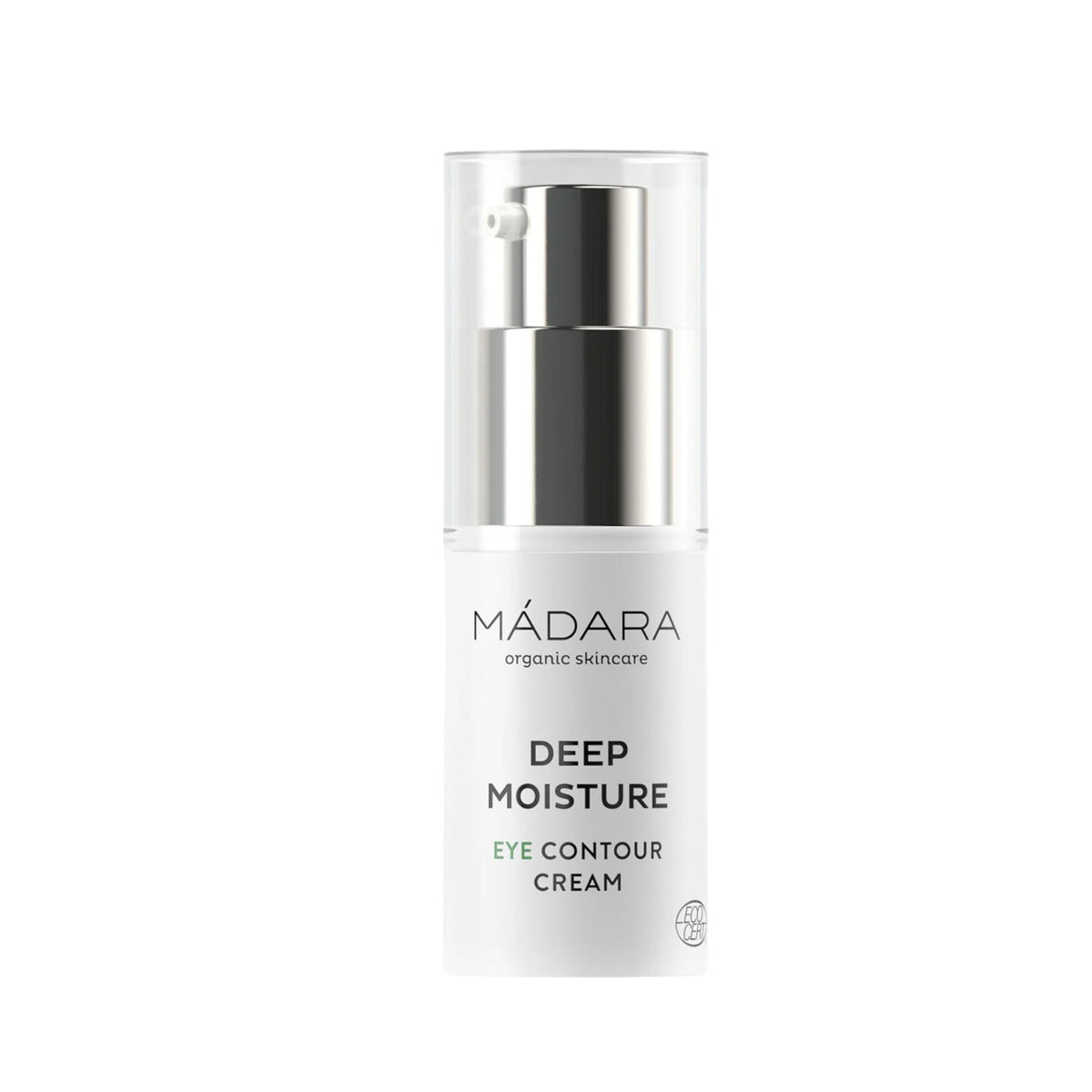 Mádara Deep Moisture Eye Contour Cream in a white pump bottle with a silver neck and transparent cap.