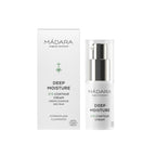 Mádara Deep Moisture Eye Contour Cream, weiße Kartonverpackung und weiße Pumpflasche mit transparentem Verschluss.