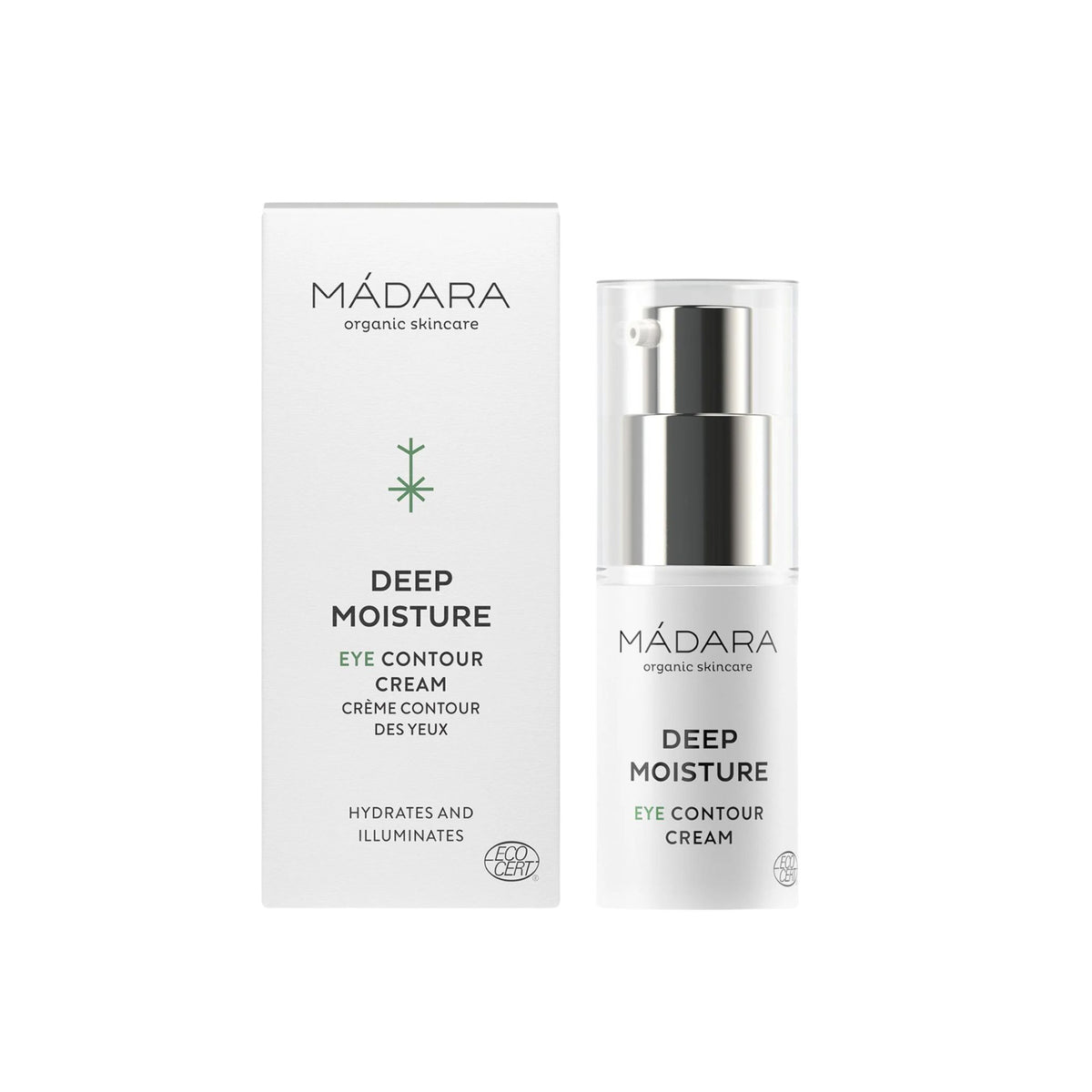 Mádara Deep Moisture Eye Contour Cream, white cardboard box and white pump bottle with transparent cap.