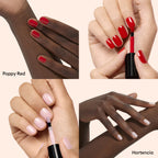 Routine Xtreme Flash Nail Polish – black bottle with brush, Poppy Red & Hortencia shades, creamy background – nail care