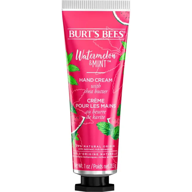 Burt's Bees Watermelon & Mint Handcreme – rosafarbene Tube 28,3g, schwarzer Verschluss, weißer Hintergrund – Hautpflege