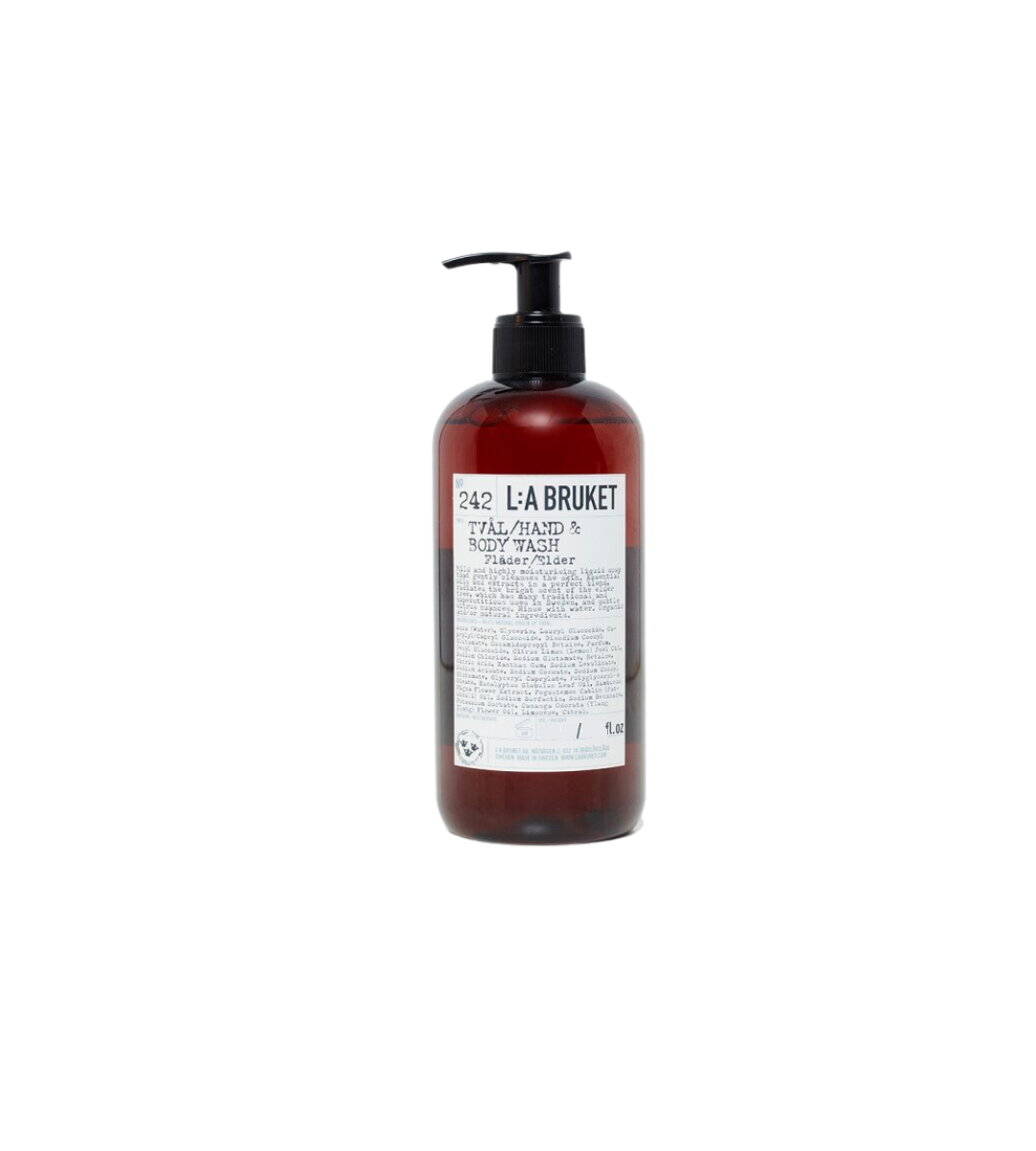 L:A BRUKET No. 242 Hand- & Körperwaschgel Fläder – braune Flasche mit Pumpverschluss, weißem Etikett und weißem Hintergrund – Hautpflege