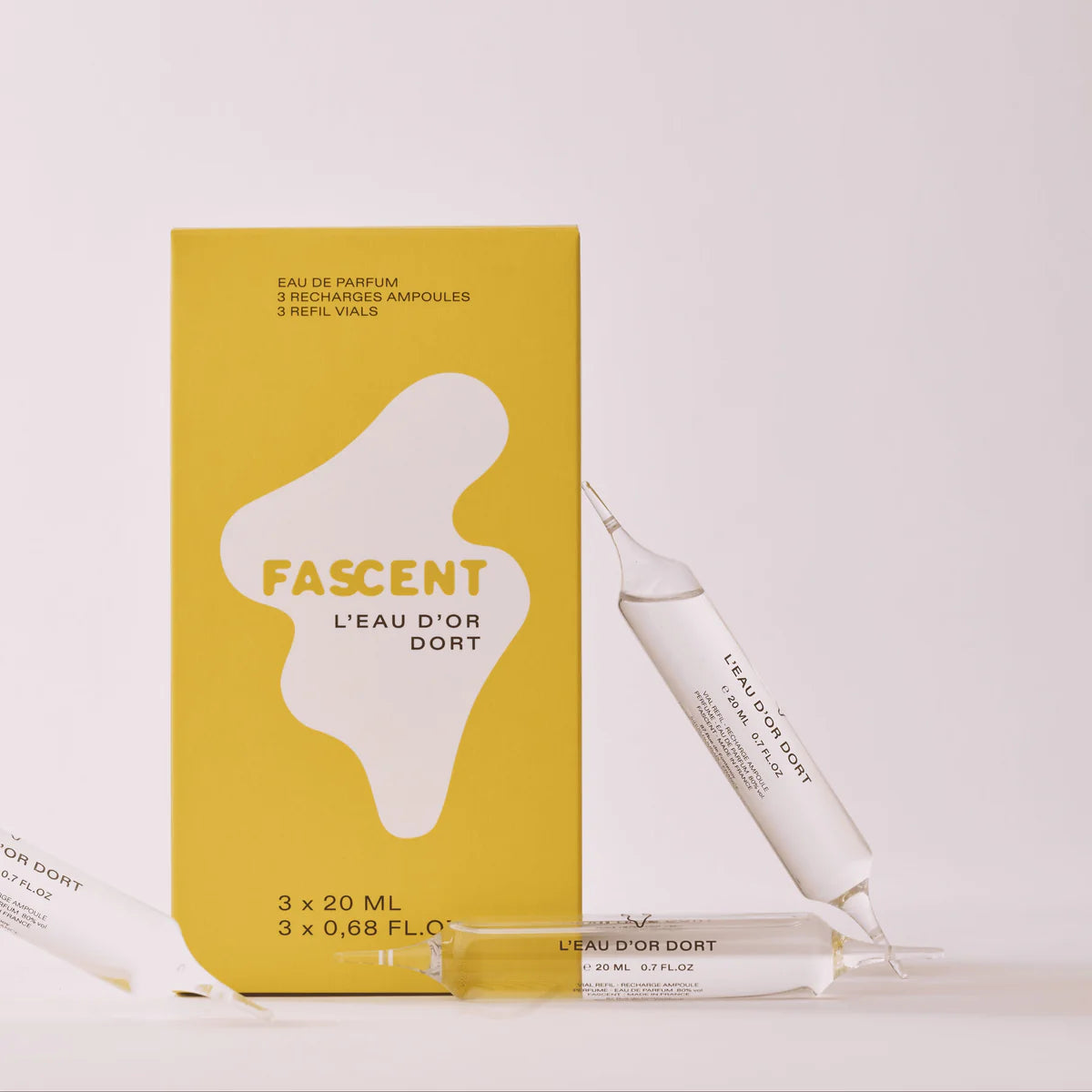 Fascent L'eau D'or Dort Eau de Parfum – 3x20ml refill vials, yellow box, white background – perfume